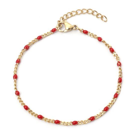 Picture of 1 Piece Vacuum Plating 304 Stainless Steel Cuban Link Chain Bracelets Gold Plated Red Enamel 17cm(6 6/8") long