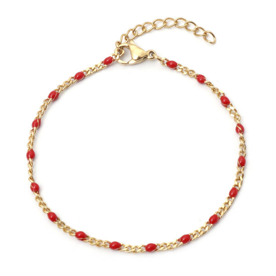 Image de 1 Pièce Bracelets Chaîne à Maillons Cubains en 304 Acier Inoxydable Placage sous Vide Doré Rouge Émail 17cm long