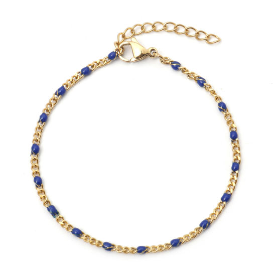 Picture of 1 Piece Vacuum Plating 304 Stainless Steel Cuban Link Chain Bracelets Gold Plated Dark Blue Enamel 17cm(6 6/8") long