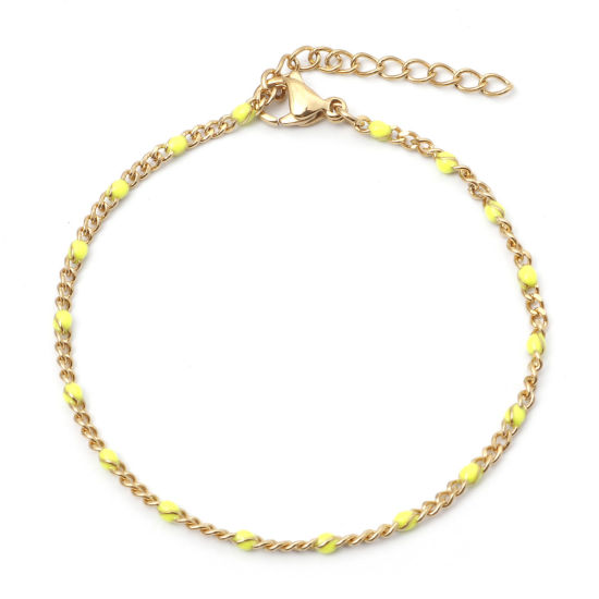Picture of 1 Piece Vacuum Plating 304 Stainless Steel Cuban Link Chain Bracelets Gold Plated Neon Yellow Enamel 17cm(6 6/8") long