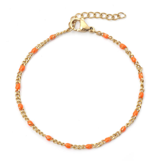 Picture of 1 Piece Vacuum Plating 304 Stainless Steel Cuban Link Chain Bracelets Gold Plated Orange Enamel 17cm(6 6/8") long