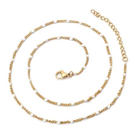 Picture of Wholesale White Enamel Cuban Link Chain Necklace, Gold Plated 304 Stainless Steel, Unisex Vacuum Plating Minimalist Gift Jewelry For Retailer, 45cm(17.7") long, Chain Size: 2mm, 1 Piece