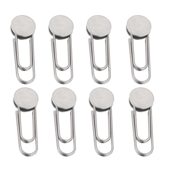Picture of 304 Stainless Steel Pin Brooches Paper Clip Silver Tone Round Cabochon Settings (Fits 10mm Dia.) 30mm x 10mm, 10 PCs