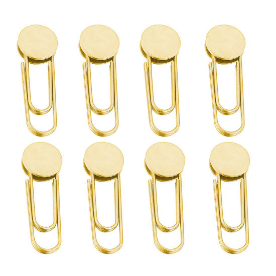 Picture of 10 PCs 304 Stainless Steel Pin Brooches Paper Clip Round 18K Gold Color Cabochon Settings (Fits 10mm Dia.) 30mm x 10mm