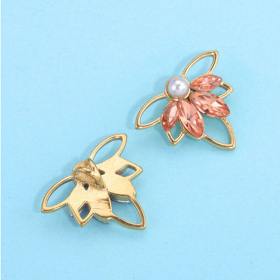 Изображение 304 Нержавеющая Сталь Подвески Кленовый лист Позолоченный Шампанский Горный Хрусталь 22мм x 17.5мм, 1 ШТ