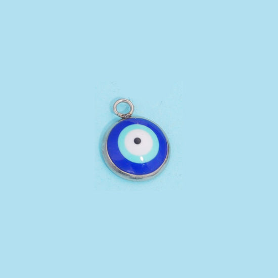 Picture of 304 Stainless Steel Charms Silver Tone Blue Round Evil Eye 10mm x 12mm, 10 PCs