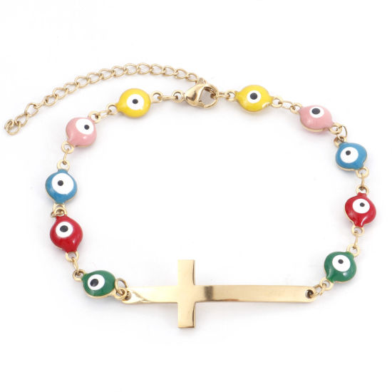 Bild von 1 Strang Vakuumbeschichtung 304 Edelstahl Religiös Armband Vergoldet Kreuz Böser Blick Evil Eye Emaille 17.5cm lang