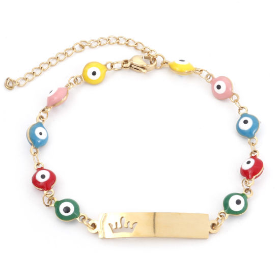 Picture of 1 Piece Vacuum Plating 304 Stainless Steel Religious Bracelets Gold Plated Crown Evil Eye Enamel 17cm(6 6/8") long