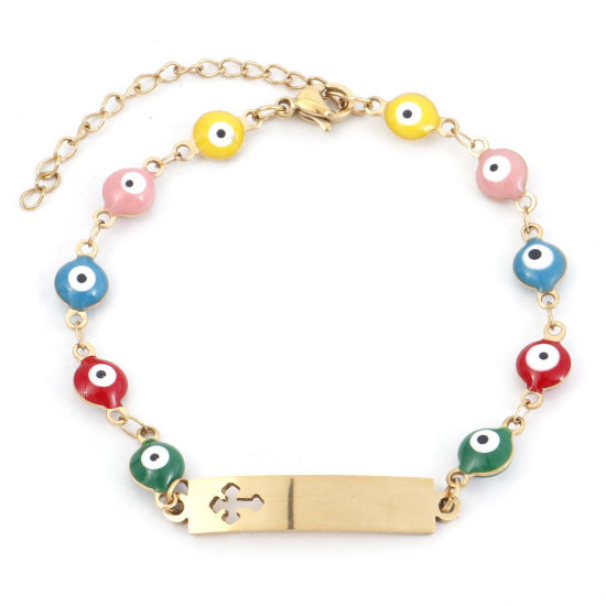 Picture of 1 Piece Vacuum Plating 304 Stainless Steel Religious Bracelets Gold Plated Cross Evil Eye Enamel 17cm(6 6/8") long