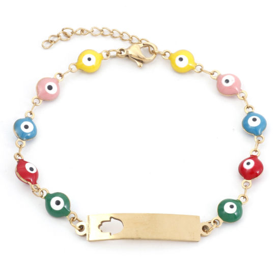 Picture of 1 Piece Vacuum Plating 304 Stainless Steel Religious Bracelets Gold Plated Hamsa Symbol Hand Evil Eye Enamel 17cm(6 6/8") long