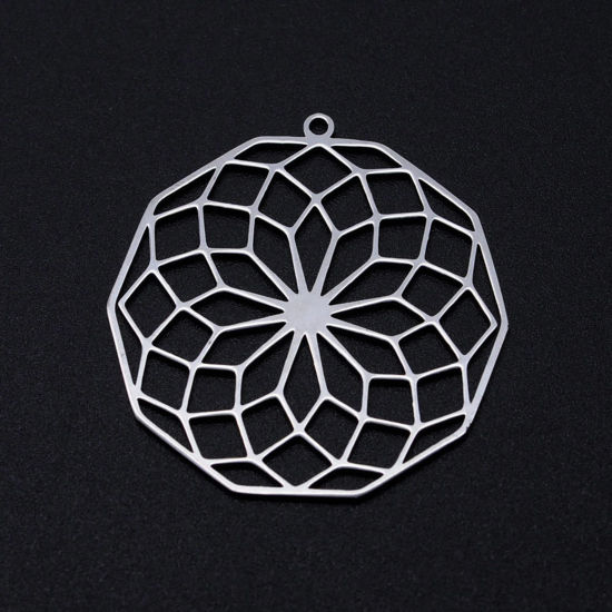 Picture of 201 Stainless Steel Pendants Silver Tone Irregular Filigree Hollow 35mm x 33mm, 1 Piece