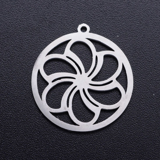 Picture of 201 Stainless Steel Charms Silver Tone Round Flower Hollow 21.5mm x 20mm, 1 Piece