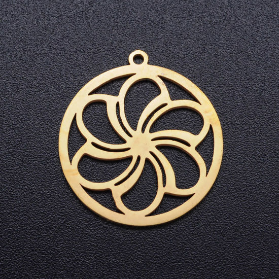 Picture of 201 Stainless Steel Charms Gold Plated Round Flower Hollow 21.5mm x 20mm, 1 Piece