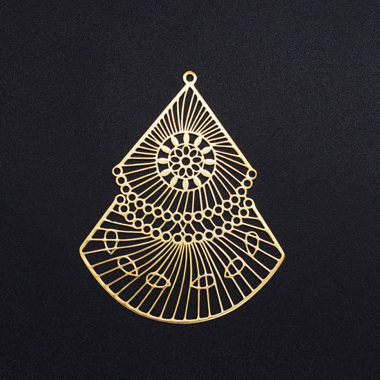 Picture of 201 Stainless Steel Pendants Gold Plated Fan-shaped Filigree Hollow 49mm x 39mm, 1 Piece