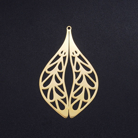 Picture of 201 Stainless Steel Pendants Gold Plated Drop Filigree Hollow 55mm x 35mm, 1 Piece