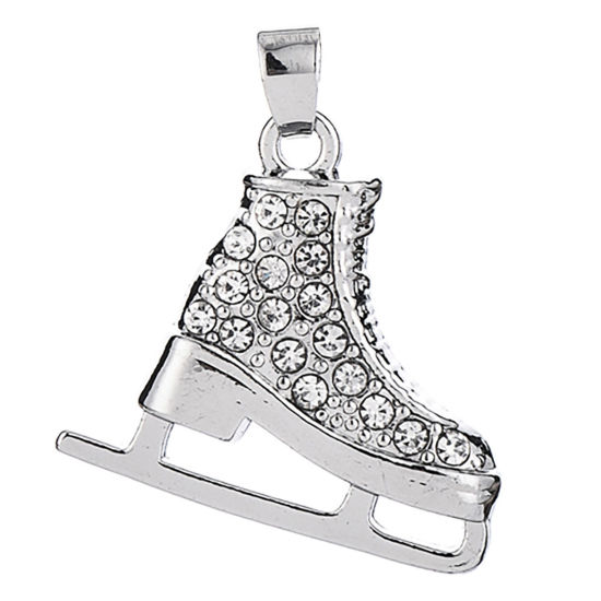 Imagen de 2 Unidades Zamak Deporte Colgantes Charms Tono de Plata Blanco Patines de Hielo Transparente Rhinestone) 23mm x 22mm