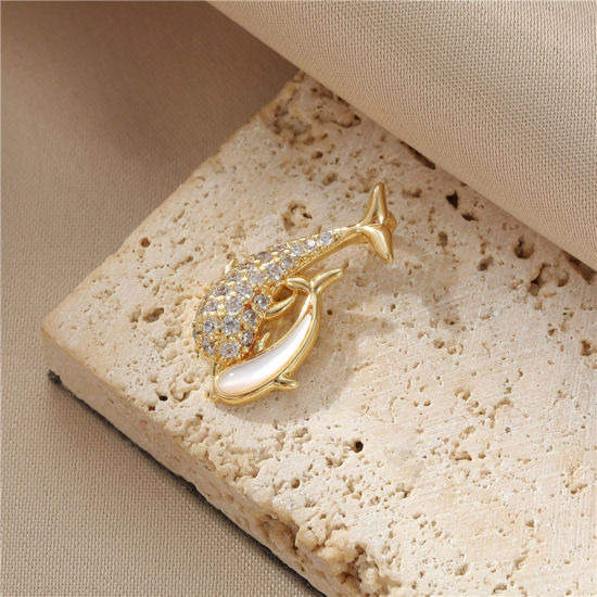 Picture of Brass Ocean Jewelry Charms Dolphin Animal Real Gold Plated Micro Pave Clear Cubic Zirconia 22mm x 11mm, 1 Piece                                                                                                                                               