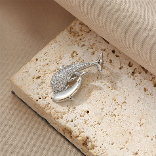 Picture of Brass Ocean Jewelry Charms Dolphin Animal Real Platinum Plated Micro Pave Clear Cubic Zirconia 22mm x 11mm, 1 Piece                                                                                                                                           