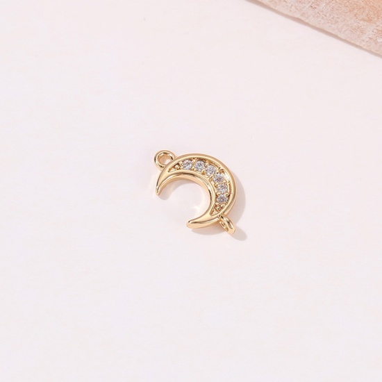 Image de Breloques Galaxie en Laiton Demi Lune Plaqué Or Véritable Micro Pave à Zircone Cubique Clair 12.2mm x 7.7mm, 1 Pièce