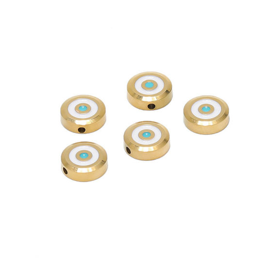 Picture of 304 Stainless Steel Beads Flat Round Gold Plated White & Blue Evil Eye Enamel 11mm Dia., Hole: Approx 3mm, 1 Piece