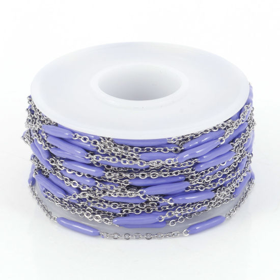 Picture of 304 Stainless Steel Link Cable Chain Sticks Silver Tone Purple Enamel 2.5mm, 1 Roll (Approx 5 M/Roll)