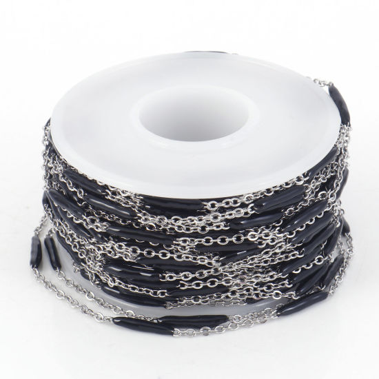 Picture of 304 Stainless Steel Link Cable Chain Sticks Silver Tone Black Enamel 2.5mm, 1 Roll (Approx 5 M/Roll)