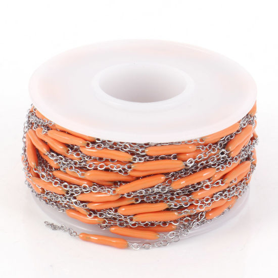 Picture of 304 Stainless Steel Link Cable Chain Sticks Silver Tone Orange Enamel 2.5mm, 1 Roll (Approx 5 M/Roll)