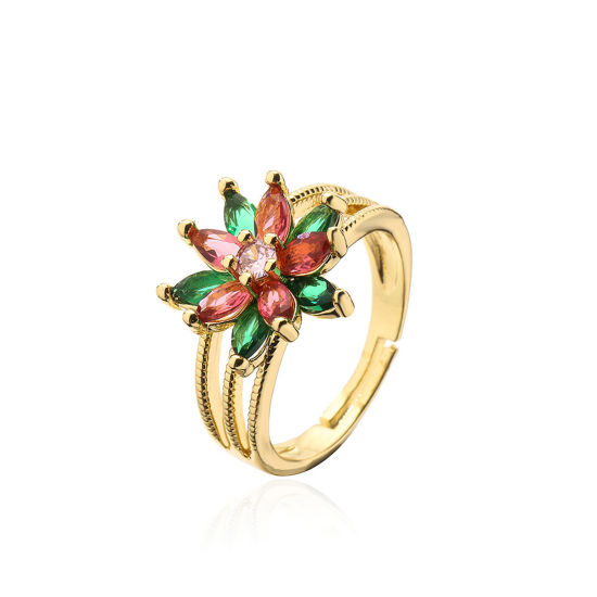 Picture of Brass Stylish Open Adjustable Rings Flower Gold Plated Multicolor Rhinestone 18mm(US Size 7.75), 1 Piece                                                                                                                                                      