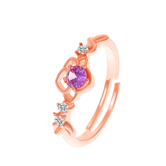 Picture of Brass Stylish Open Adjustable Rings Crown Rose Gold Clear Rhinestone Purple Cubic Zirconia 17mm(US Size 6.5), 1 Piece                                                                                                                                         