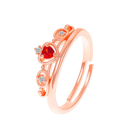 Picture of Brass Stylish Open Adjustable Rings Crown Rose Gold Clear Rhinestone Red Cubic Zirconia 17mm(US Size 6.5), 1 Piece                                                                                                                                            