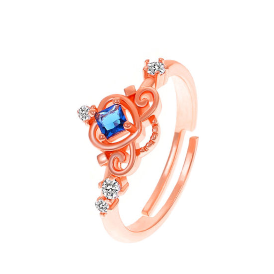 Picture of Brass Stylish Open Adjustable Rings Crown Rose Gold Clear Rhinestone Blue Cubic Zirconia 17mm(US Size 6.5), 1 Piece                                                                                                                                           