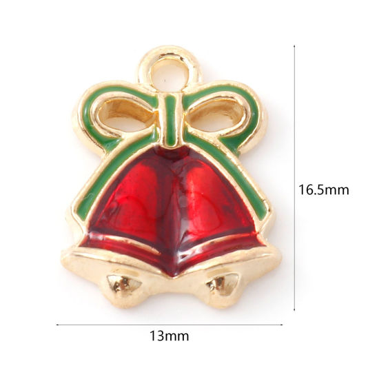 Picture of Zinc Based Alloy Christmas Charms Gold Plated Pink & Green Bell Enamel 16.5mm x 13mm, 10 PCs