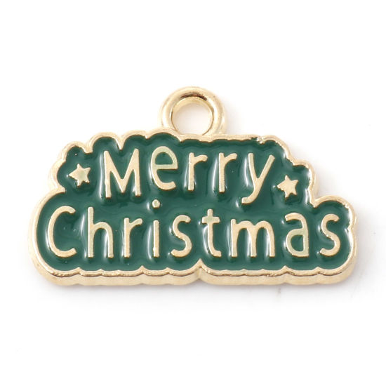 亜鉛合金 クリスマス チャーム 金メッキ 緑 文字 " Merry Christmas " エナメル 20mm x 12.5mm、 10 個 の画像