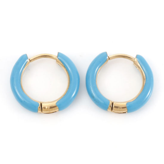 Bild von 316 Edelstahl Stilvoll Ohrreifen Silberfarbe Blau Ring Emaille 15.5mm x 14mm, Drahtstärke: (18 gauge), 1 Paar