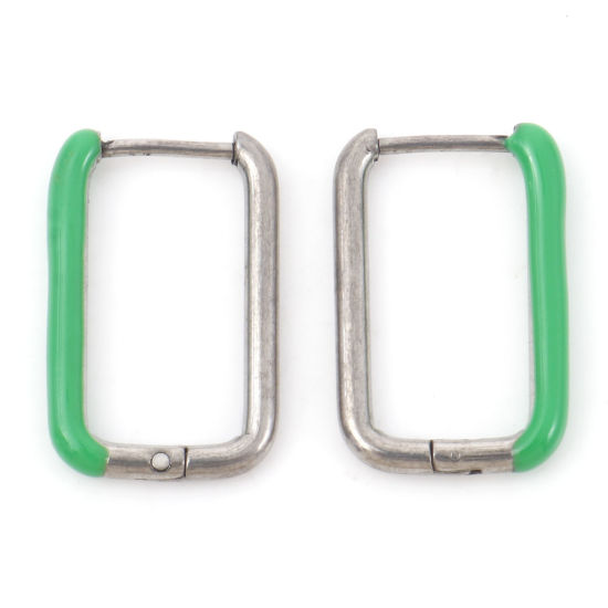 Bild von 316 Edelstahl Stilvoll Ohrreifen Silberfarbe Grün Rechteck Emaille 20mm x 13mm, Drahtstärke: (18 gauge), 1 Paar