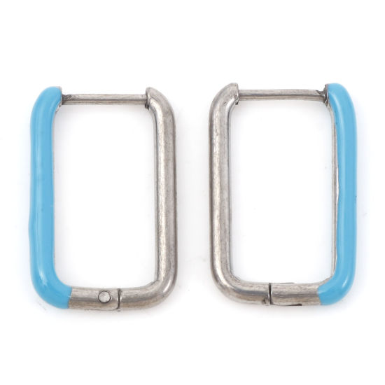Bild von 316 Edelstahl Stilvoll Ohrreifen Silberfarbe Blau Rechteck Emaille 20mm x 13mm, Drahtstärke: (18 gauge), 1 Paar