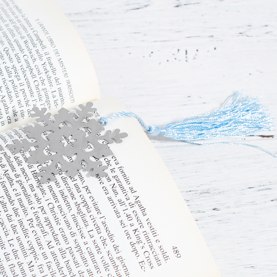 Image de Marque-Page Estampe en Filigrane en Acier Inoxydable Flocon de Neige de Noël Argent Mat Creux 17cm x 5.5cm, 1 Piece