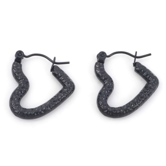 Immagine di 316 Acciaio inossidabile Elegante orecchino cerchio Nero Cuore 20mm x 19mm, Posta / Filo Dimensione: (21 misura), 1 Paio