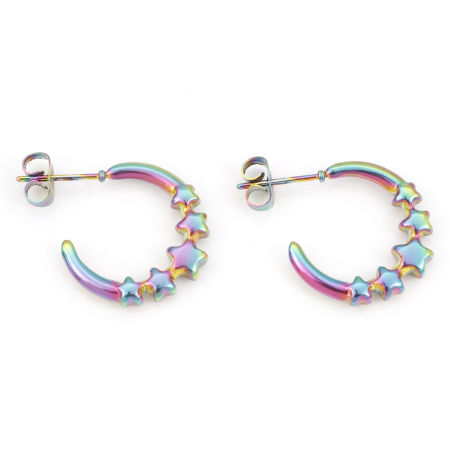 Picture of 1 Pair Vacuum Plating 316 Stainless Steel Hoop Earrings Rainbow Color Plated C Shape Star 23mm x 19mm, Post/ Wire Size: (20 gauge)