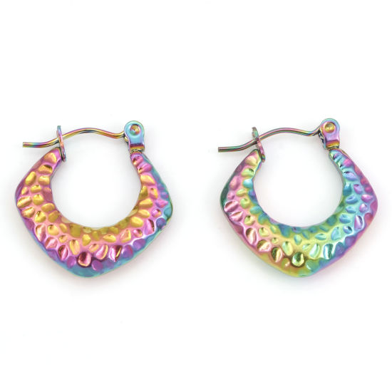 Bild von 316 Edelstahl Hoop Ohrringe Regenbogenfarbe Plattiert Raute Prägung 20mm x 19mm, Drahtstärke: (21 gauge), 1 Paar