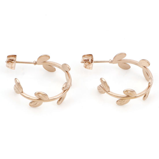 Bild von 1 Paar Vakuumbeschichtung 316 Edelstahl Hoop Ohrringe Rosegold C-Form Blätter 24mm x 20mm, Drahtstärke: (20 gauge)