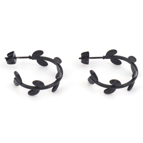 Bild von 1 Paar Vakuumbeschichtung 316 Edelstahl Hoop Ohrringe Schwarz C-Form Blätter 24mm x 20mm, Drahtstärke: (20 gauge)