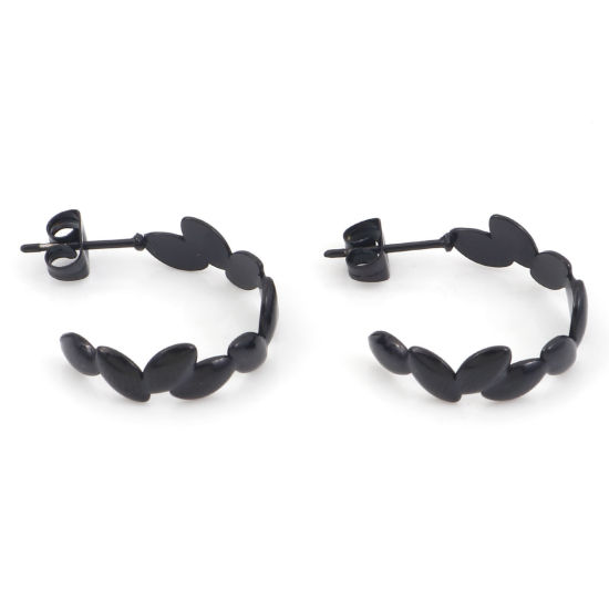 Imagen de 316 Acero Inoxidable Pendientes Círculos Negro Espiga de trigo 22mm x 20mm, Post/ Wire Size: (20 gauge), 1 Par