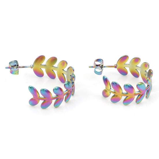 Imagen de 1 Par Enchapado al Vacío 316 Acero Inoxidable Aretes de Aro Chapado en Color Arco Iris Forma de C Flor Hoja 24mm x 20mm, Post/ Wire Size: (20 gauge)