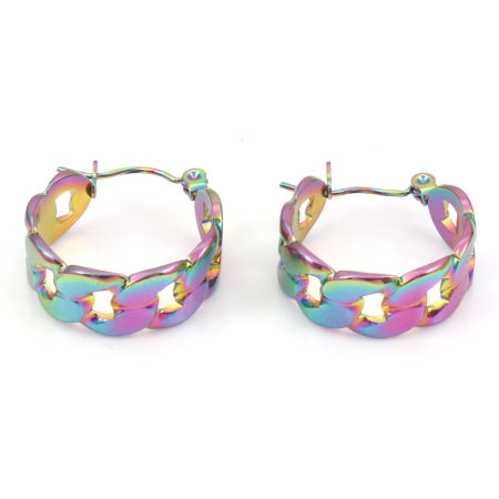 Picture of 1 Pair Vacuum Plating 316 Stainless Steel Hoop Earrings Rainbow Color Plated Link Chain Circle Ring 21mm x 20mm, Post/ Wire Size: (21 gauge)