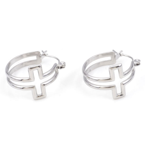 Immagine di 316 Acciaio inossidabile orecchino cerchio Tono Argento Anello Croce Filigrana 23mm x 20mm, Posta / Filo Dimensione: (21 misura), 1 Paio