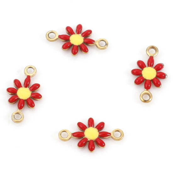 Image de 10 Pcs Connecteurs Pendentifs Breloques en 304 Acier Inoxydable Placage sous Vide Doré Rouge Marguerite Émail 13mm x 7.5mm