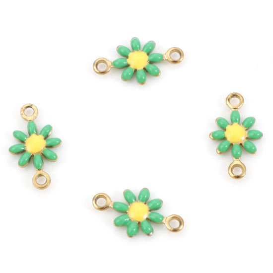 Image de 10 Pcs Connecteurs Pendentifs Breloques en 304 Acier Inoxydable Placage sous Vide Doré Vert Marguerite Émail 13mm x 7.5mm