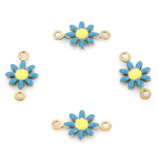 Image de 10 Pcs Connecteurs Pendentifs Breloques en 304 Acier Inoxydable Placage sous Vide Doré Bleu Paon Marguerite Émail 13mm x 7.5mm