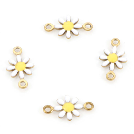 Picture of 10 PCs Vacuum Plating 304 Stainless Steel Connectors Charms Pendants Gold Plated White Daisy Flower Enamel 13mm x 7.5mm